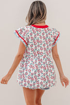 Sunflower Printed Contrast Trim V Neck Flutter Sleeve Blouse