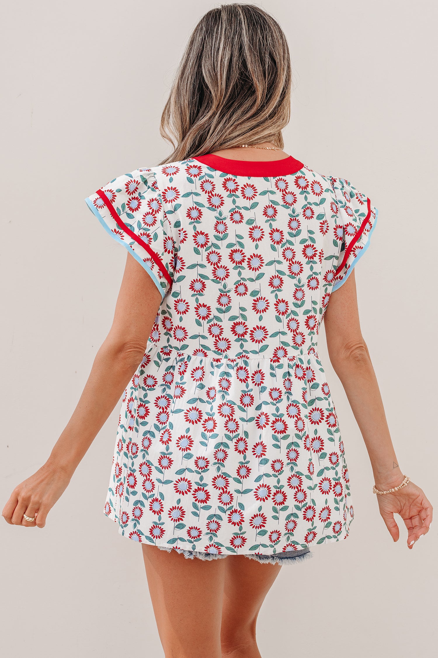 Sunflower Printed Contrast Trim V Neck Flutter Sleeve Blouse