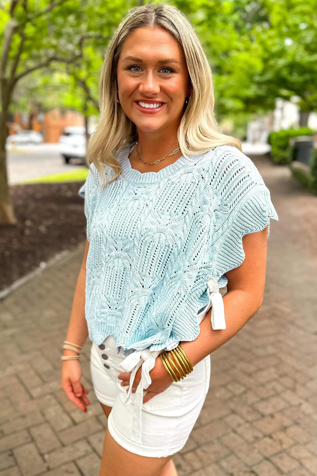 Pointelle Knit Patterned Scalloped Trim Short Sleeve Sweater