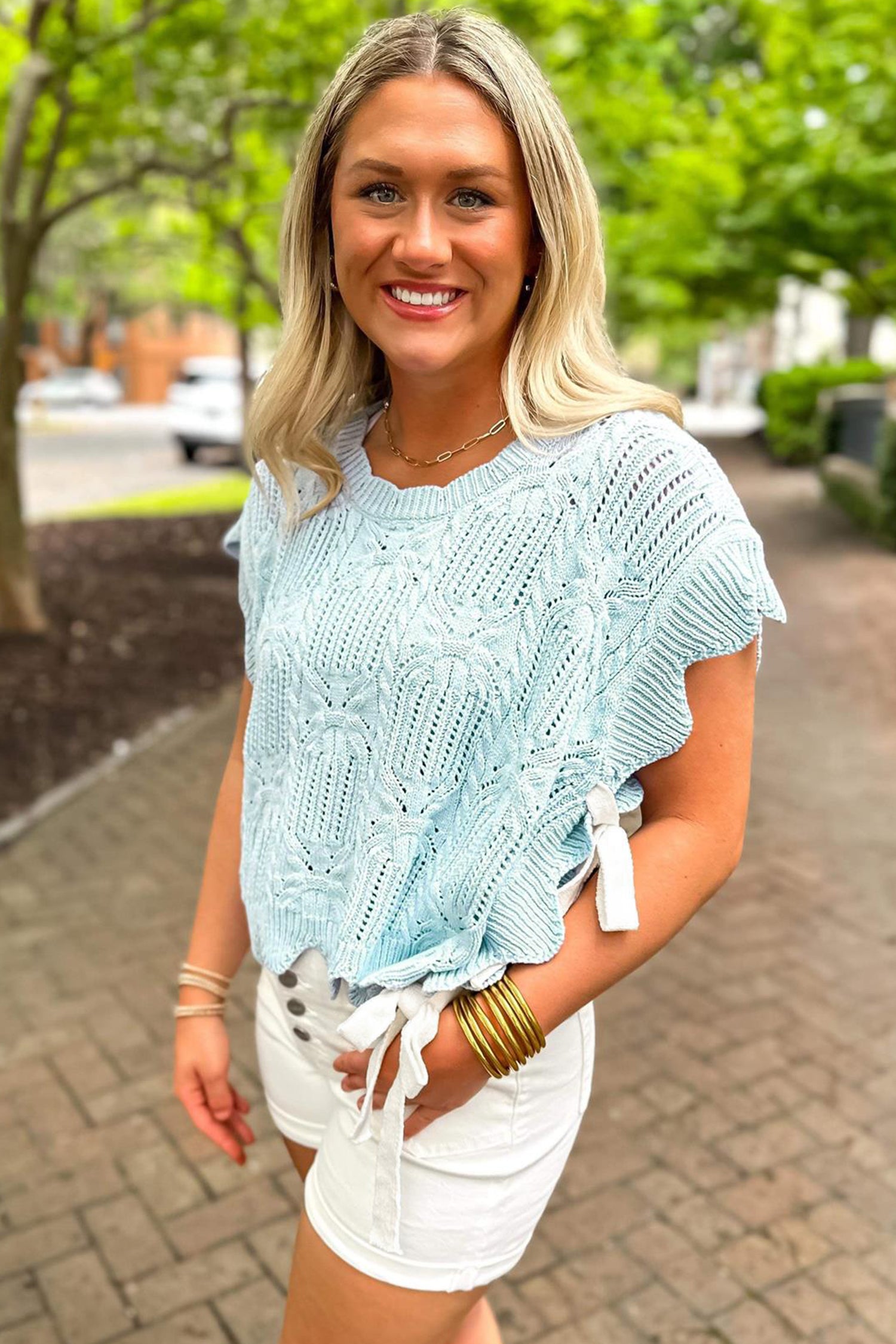 Pointelle Knit Patterned Scalloped Trim Short Sleeve Sweater