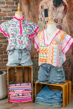 Rose Floral Print Color Block Striped Trim Flutter Sleeve Half Button Blouse