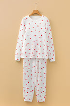 Fiery Red Tiny Hearts Printed Long Sleeve Top Drawstring Lounge Pant Set