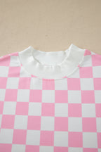 Checkered Print Colour Block Trim Mock Neck Short Set