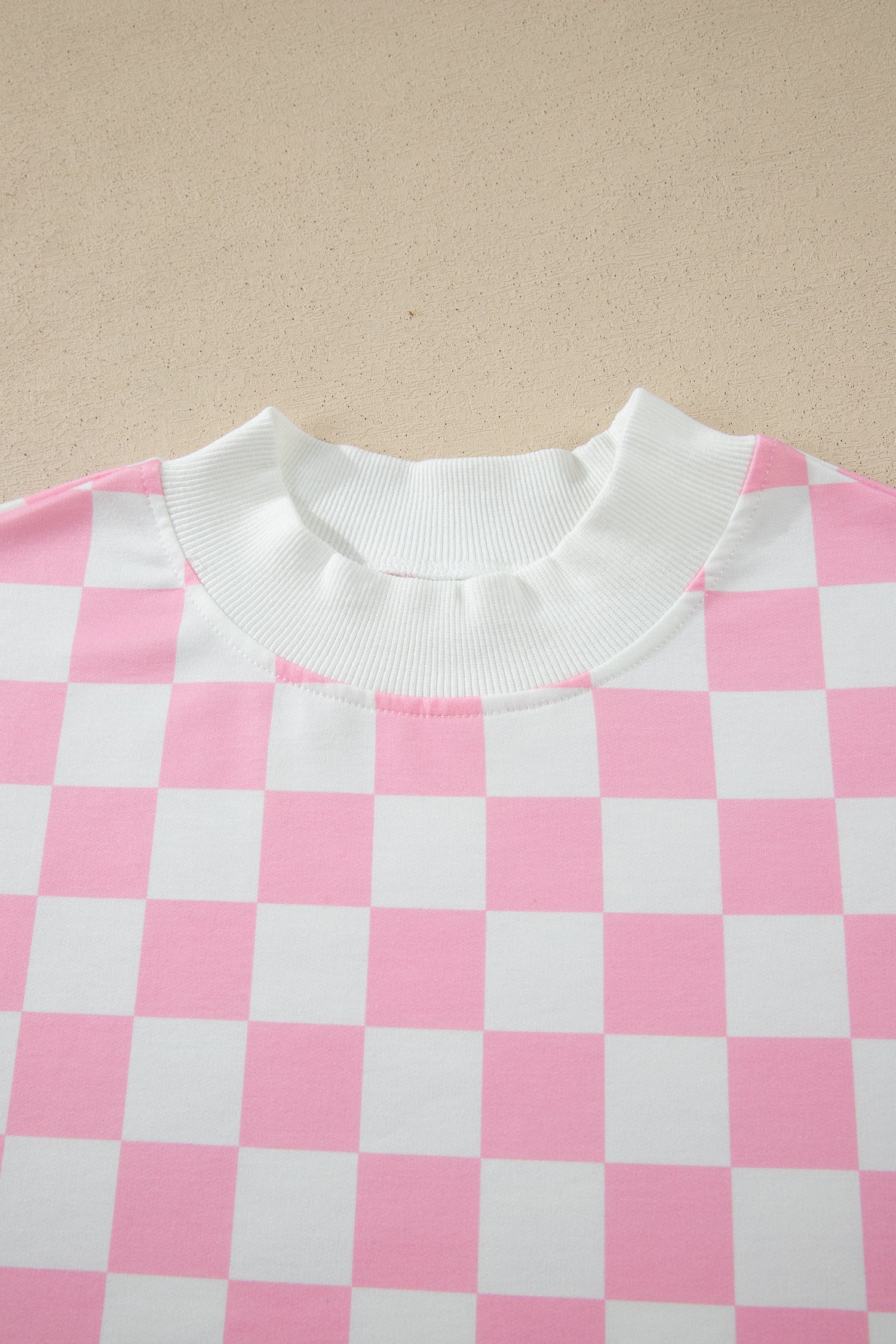 Checkered Print Colour Block Trim Mock Neck Short Set