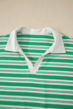Green Stripe Collared V Neck Short Sleeve T Shirt Midi Dress with Pockets