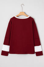 Red Dahlia Cheerful Daisy Flower Patched Round Neck Long Sleeve Top