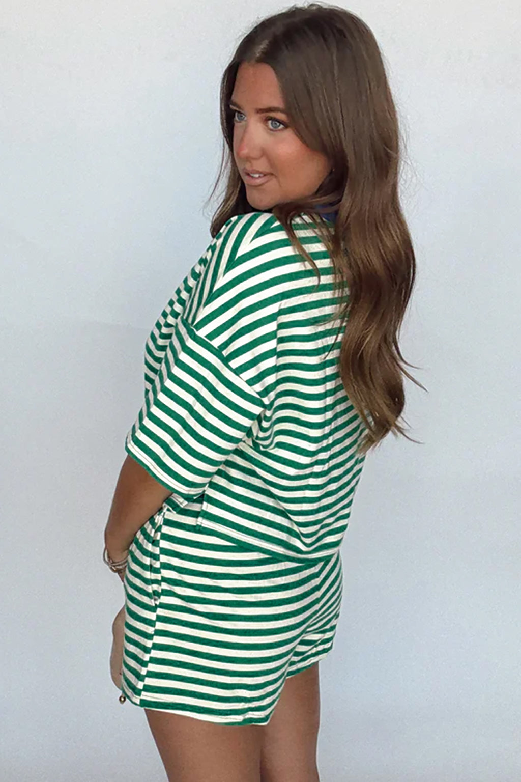 Striped Drop Shoulder Boxy Casual Terry Short Set