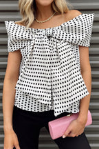 White Polka Dot Off Shoulder Bow Knot Short Sleeve Blouse
