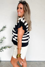 Striped Collar V Neck Ruffled Short Sleeve Blouse