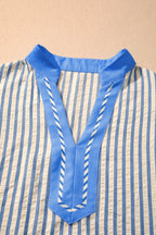 Sky Blue Stripe Color Block Detail V Neck Short Sleeve Blouse