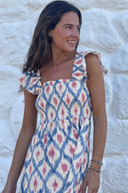 Sky Blue Ethnic Geometric Print Square Neck Smocked High Waist Ruffle Sleeve Dress