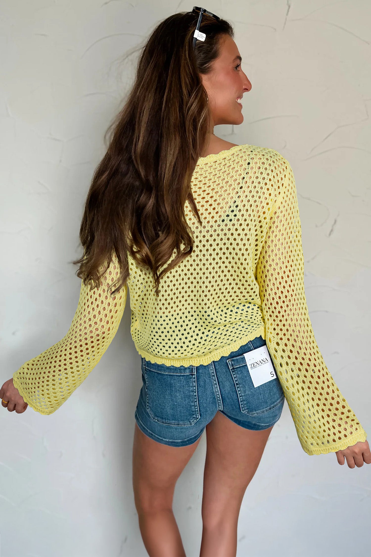 Scalloped Trim Hollow Out Knit Long Sleeve Top