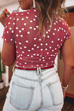 Allover Heart Print Mesh Short Sleeve Top