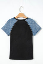 Waffle Knit Seam Detail Color Block Patchwork Short Sleeve Top