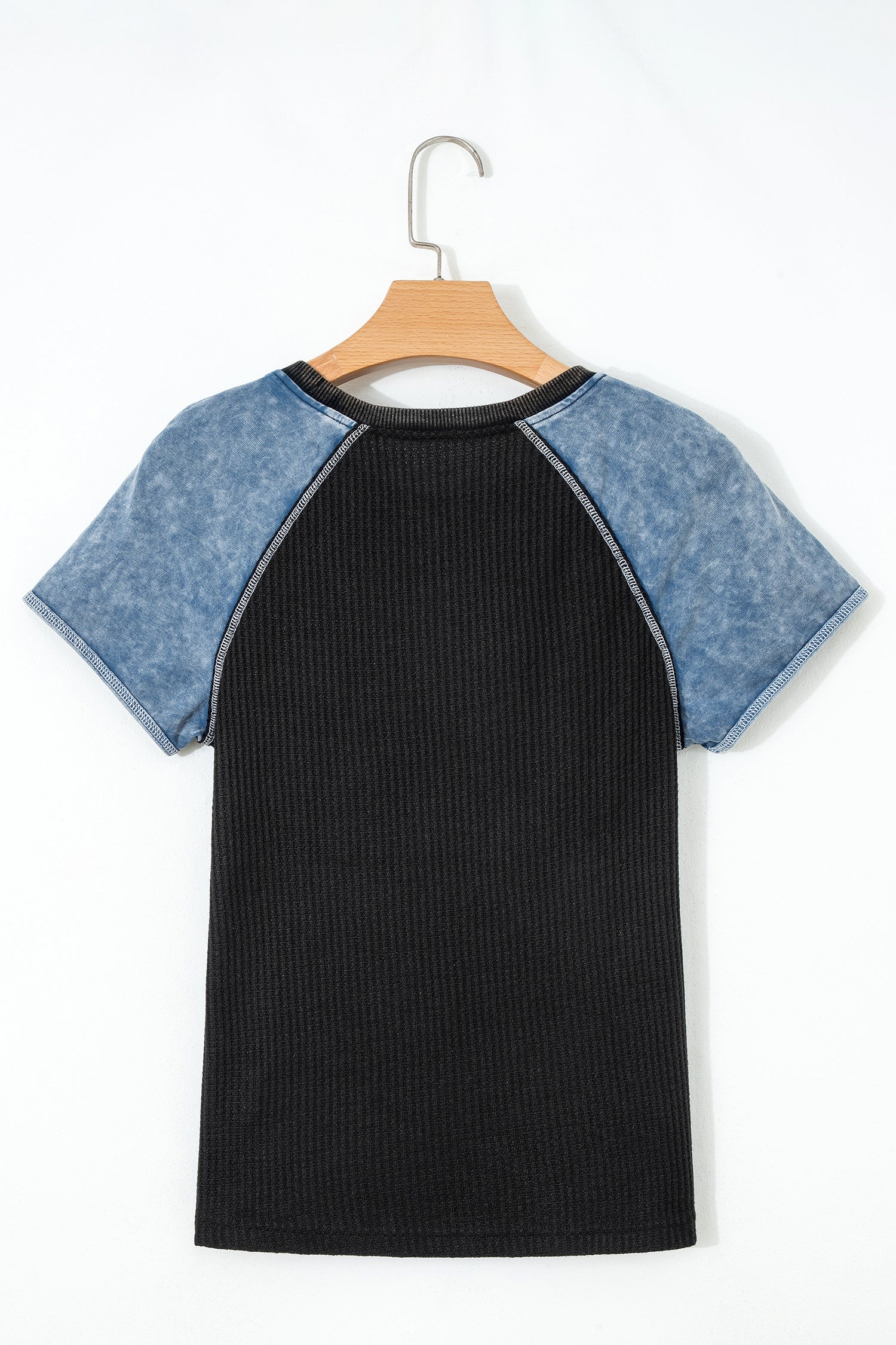 Waffle Knit Seam Detail Color Block Patchwork Short Sleeve Top