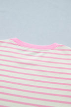 Pink Stripe Ruffled Short Sleeve Patchwork Blouse