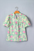 Short Bubble Sleeve Summer Floral Blouse