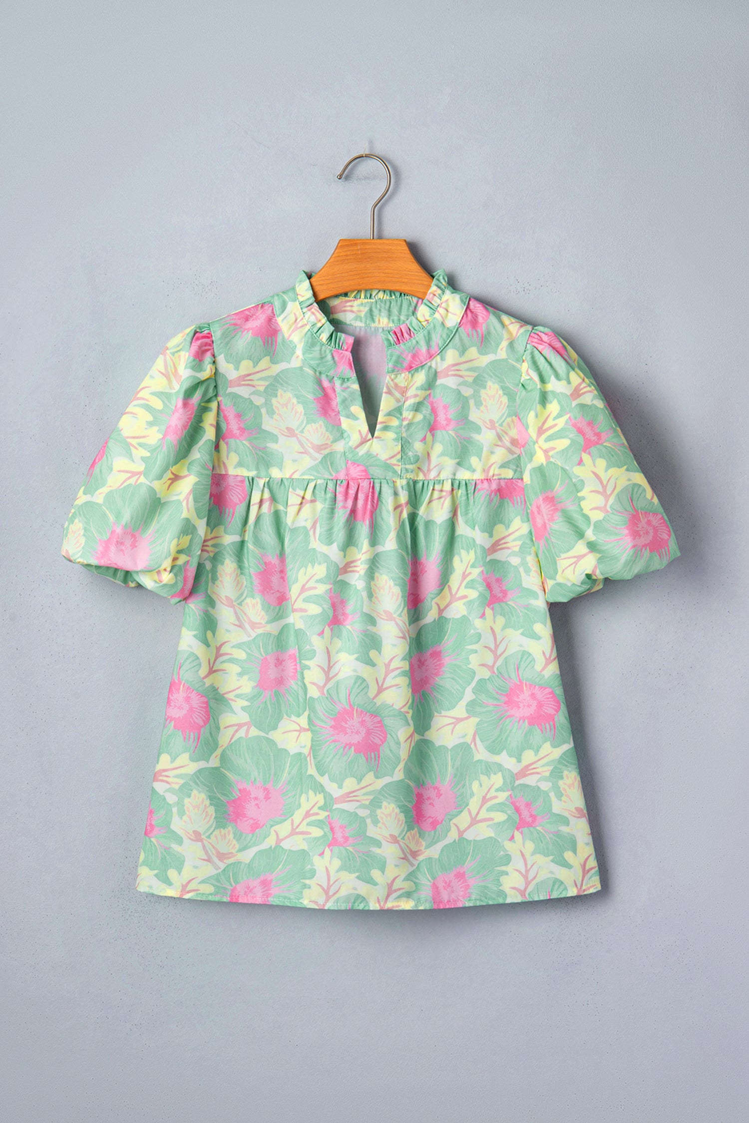 Short Bubble Sleeve Summer Floral Blouse