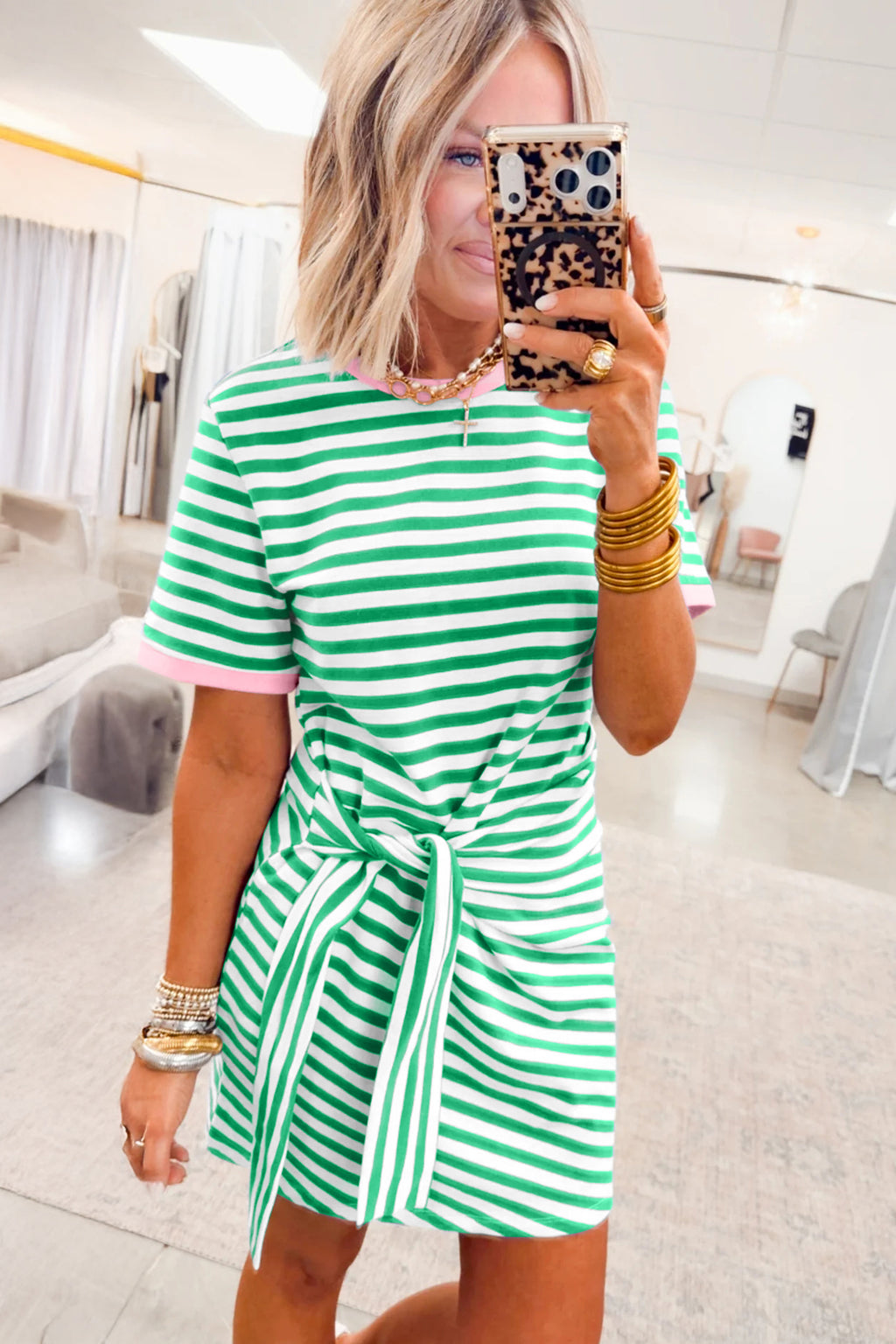 Striped Nautical Tie Contrast Trim Round Neck T Shirt Mini Dress