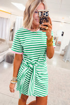 Striped Nautical Tie Contrast Trim Round Neck T Shirt Mini Dress