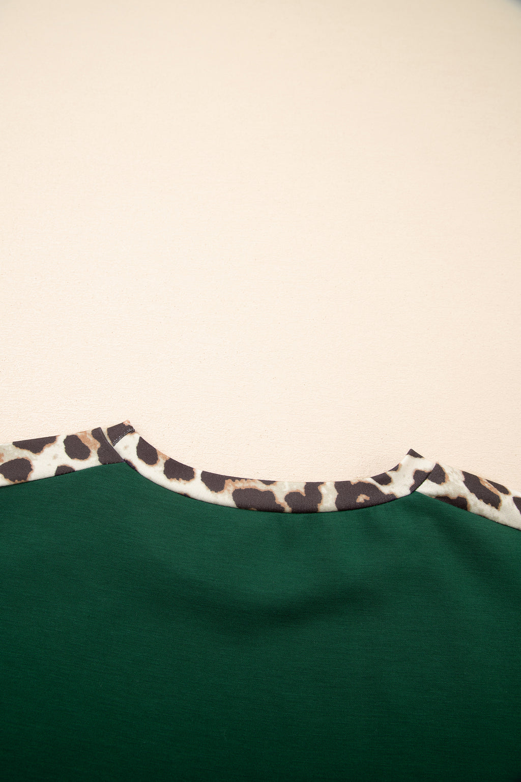 Leopard Trim Round Neck Loose T Shirt