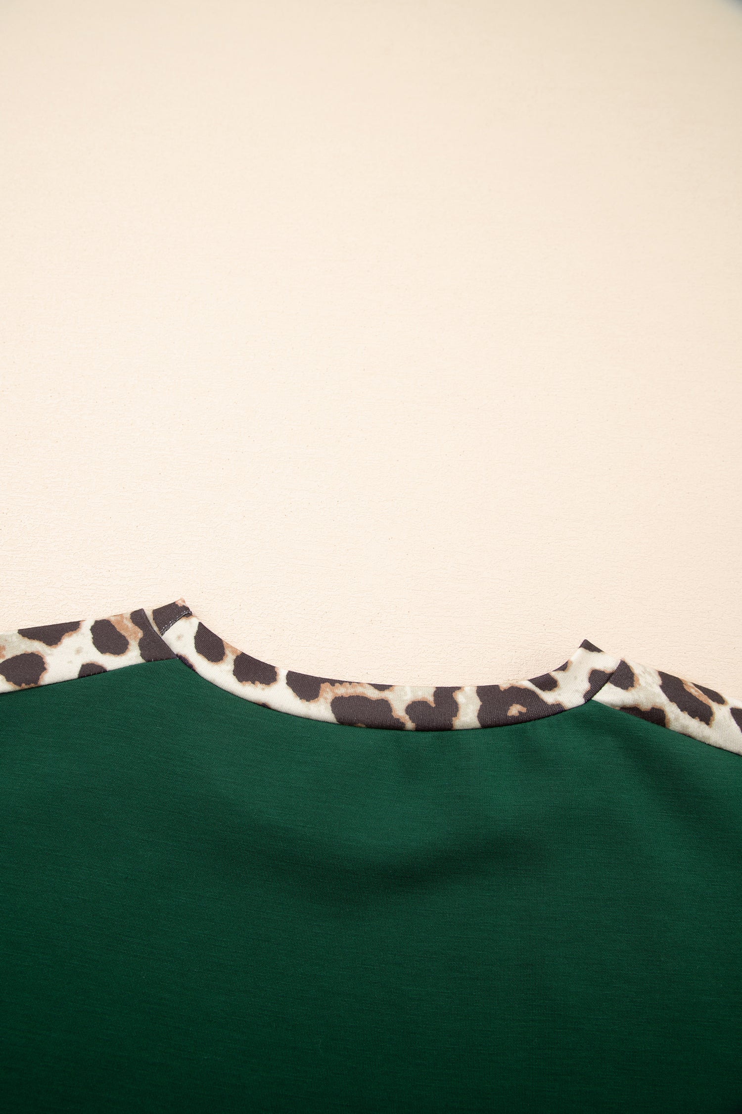 Leopard Trim Round Neck Loose T Shirt