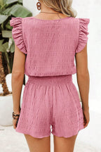 Textured Square Neck Top and Shirred High Waist Shorts Set
