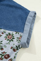 Grey Retro Floral Print Denim Patchwork Buttoned Polo Collar Top