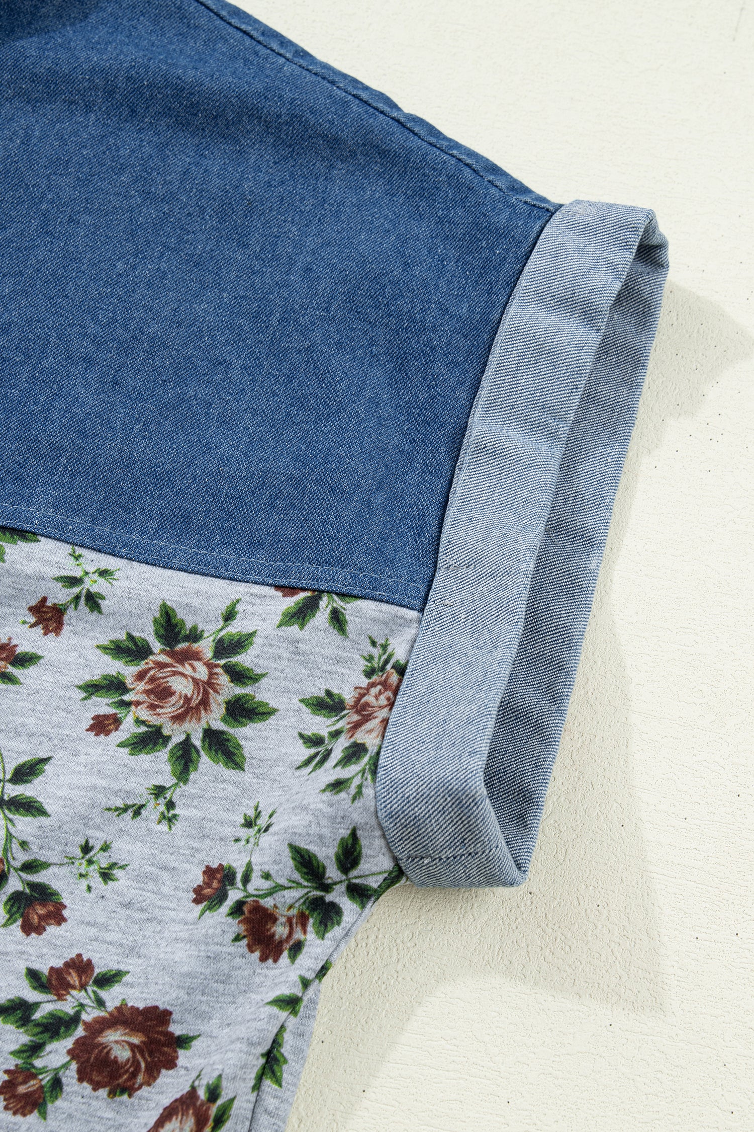 Grey Retro Floral Print Denim Patchwork Buttoned Polo Collar Top