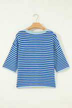 Blue Stripe Loose Half Sleeve Knit Button Down Sweater Cardigan