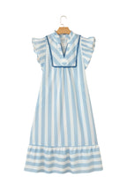 Sky Blue Stripe Subtle Lace Detail V Neck Ruffle Trim Casual Dress