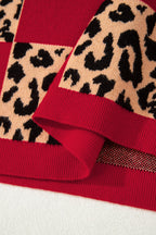 Red Leopard Checkerboard Short Sleeve Knit Sweater