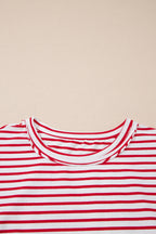 Red Stripe Floral Puff Sleeve Patchwork Round Neck Loose Top