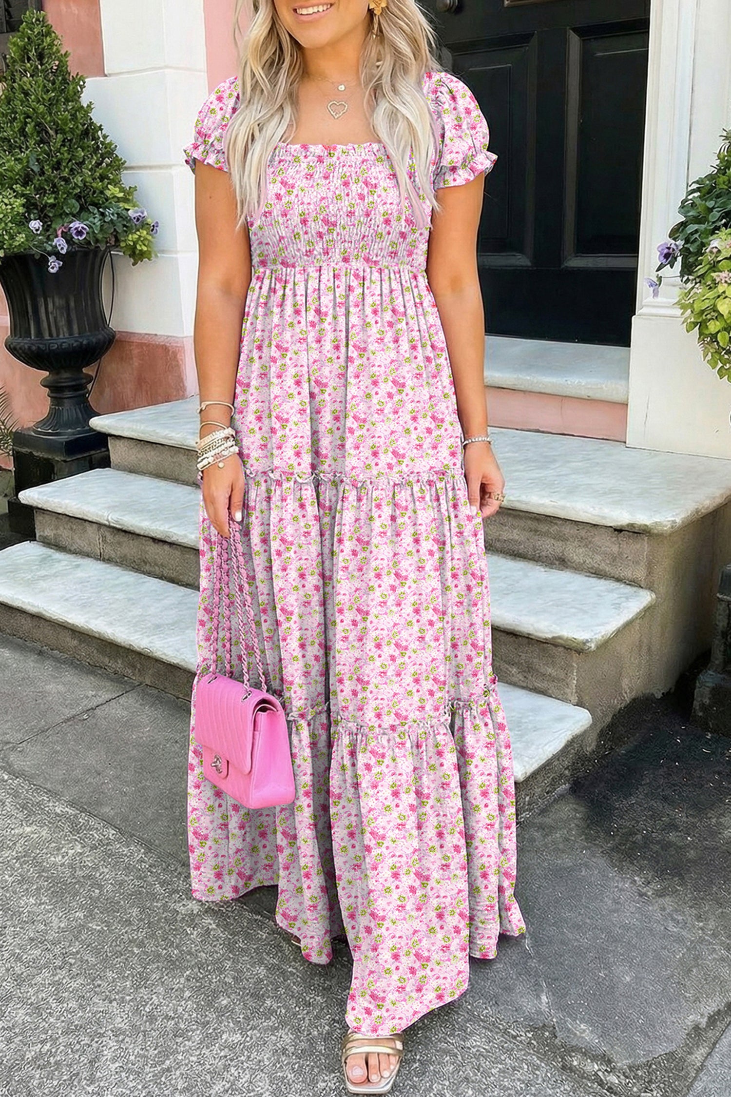Floral Short Bubble Sleeve Shirred High Waist Maxi Dress