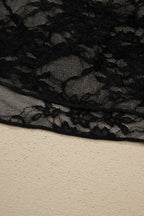 Black Sheer Floral Lace Lettuce Trim Mock Neck Long Sleeve Top