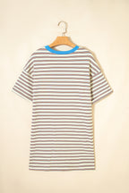 White Stripe Drop Shoulder Cuffed Sleeve Loose Tunic T Shirt Mini Dress