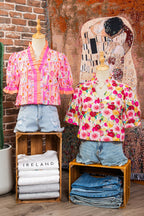 Pink Floral Frilled V Neck Puff Short Sleeve Blouse