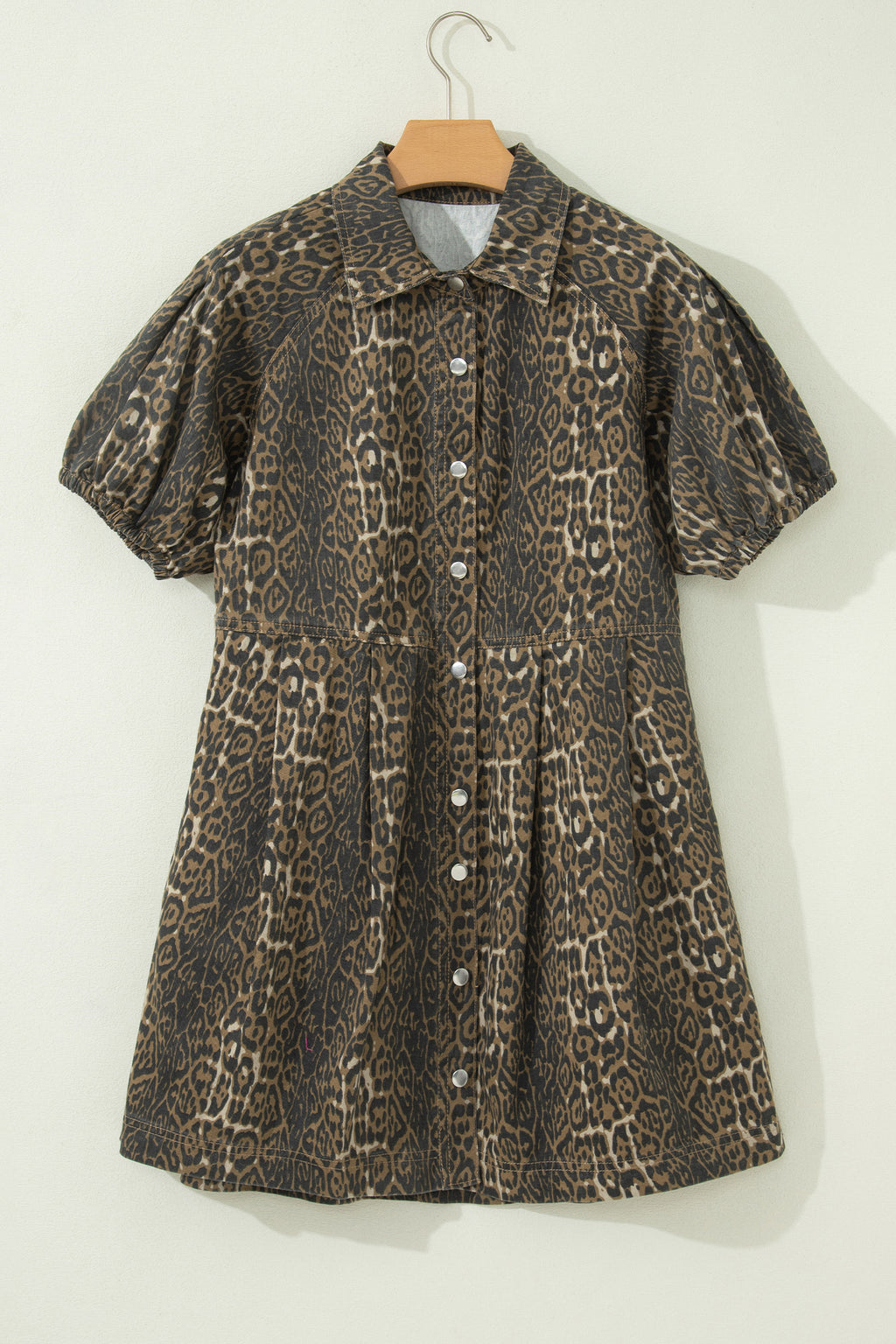 Grey Leopard Print Short Sleeve Pleated Denim Mini Dress