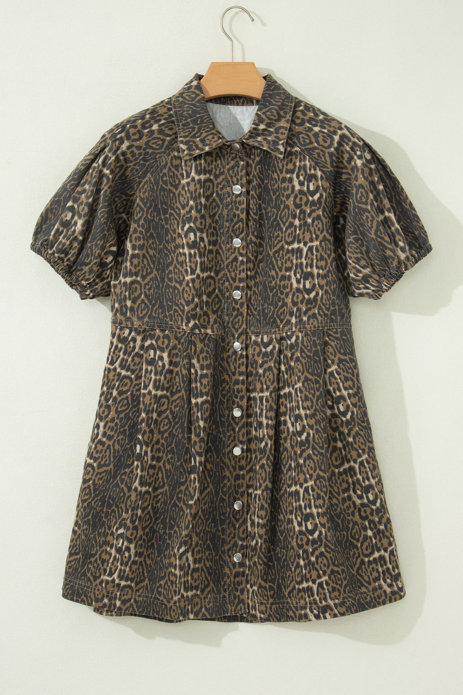 Grey Leopard Print Short Sleeve Pleated Denim Mini Dress