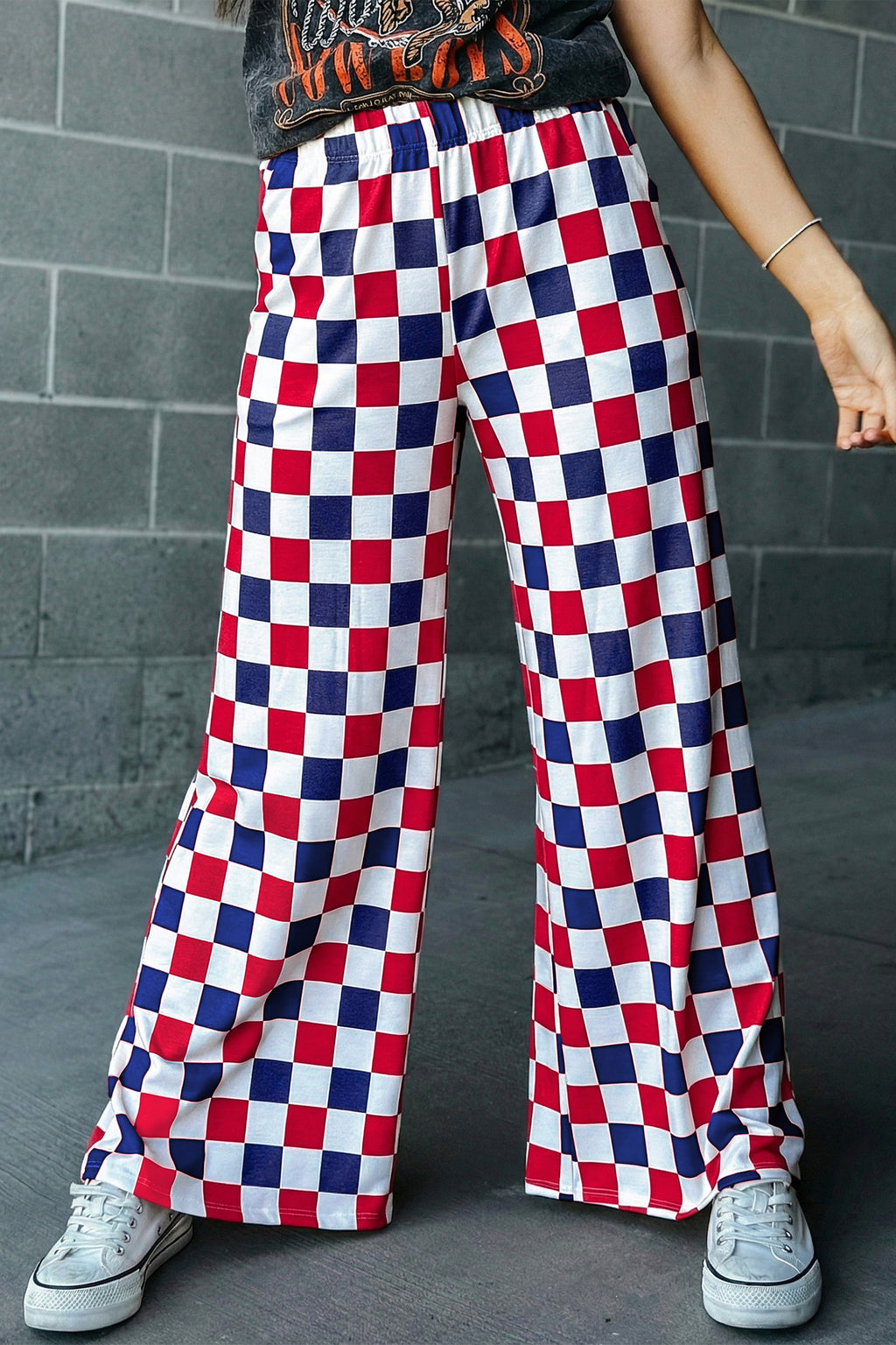 2-Tone Checked Print High Waist Wide Leg Pants