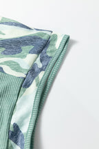 Mist Green Ribbed Camouflage Patchwork Plus Size V Neck Tee