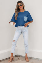 Color Block Chest Pocket Patched Casual Short Sleeve Top