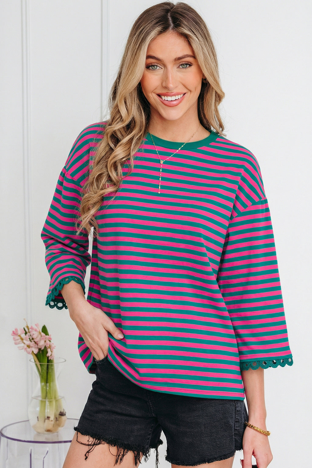 Striped Print Drop Shoulder Lace Trim Bracelet Sleeve Loose Top