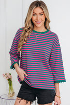 Striped Print Drop Shoulder Lace Trim Bracelet Sleeve Loose Top