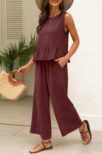 Solid Color Ribbed Ruffle Tank Top and Pants Set