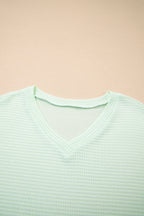 Clearly Aqua Waffle V Neck Short Sleeve Knit Top