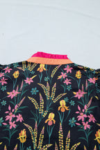 Black Floral Print Contrast Trim Tiered Ruffled Short Sleeve Blouse