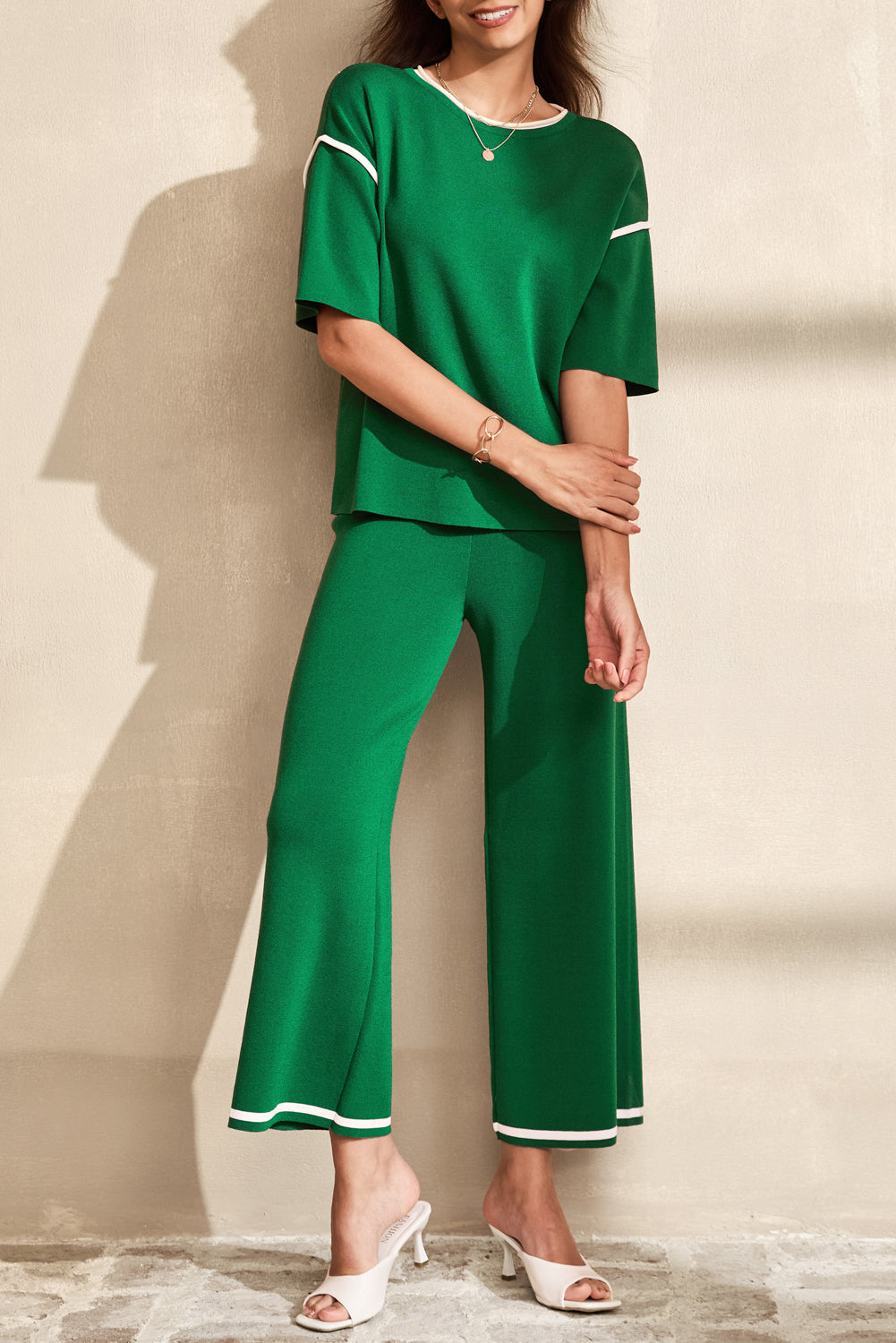Contrast Trim Half Sleeve Top Drawstring Pants Loose 2pcs Sweater Suit