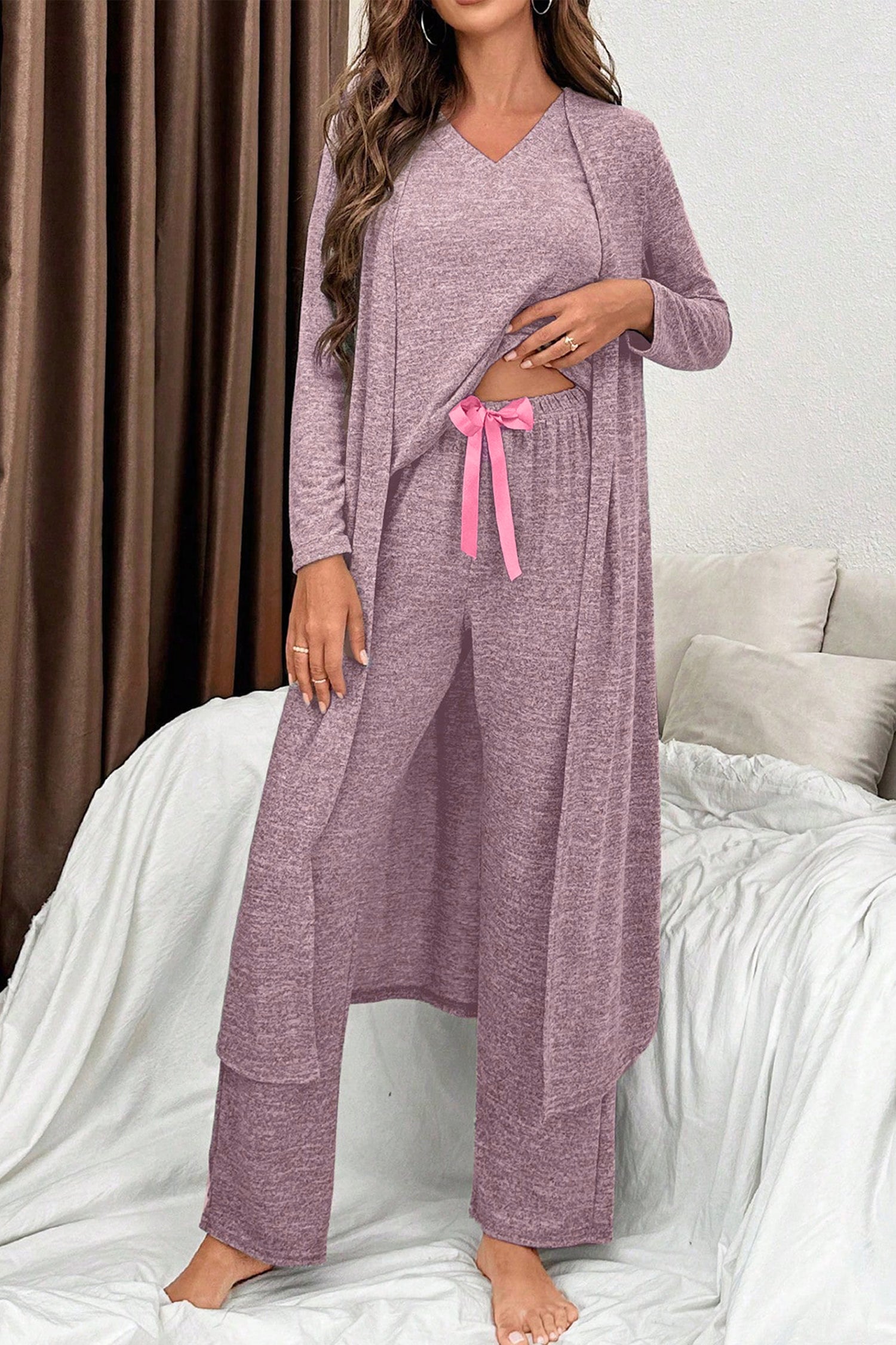 3pcs V Neck T Shirt Ribbon Knot Pants Open Duster 3pcs Lounge Set