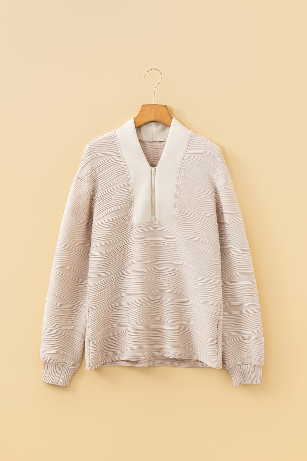 Solid Color Textured Zip V Neck Pullover Sweatshirt